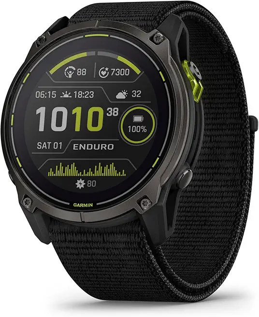 Garmin Enduro™ 3 – 51 公釐,太陽能、藍寶石、超高性能 GPS 智慧型手錶,極致電池壽命,詳細映射,內建 LED 手電筒,碳灰色 DLC 鈦金屬,附黑色 UltraFit 尼龍錶帶
